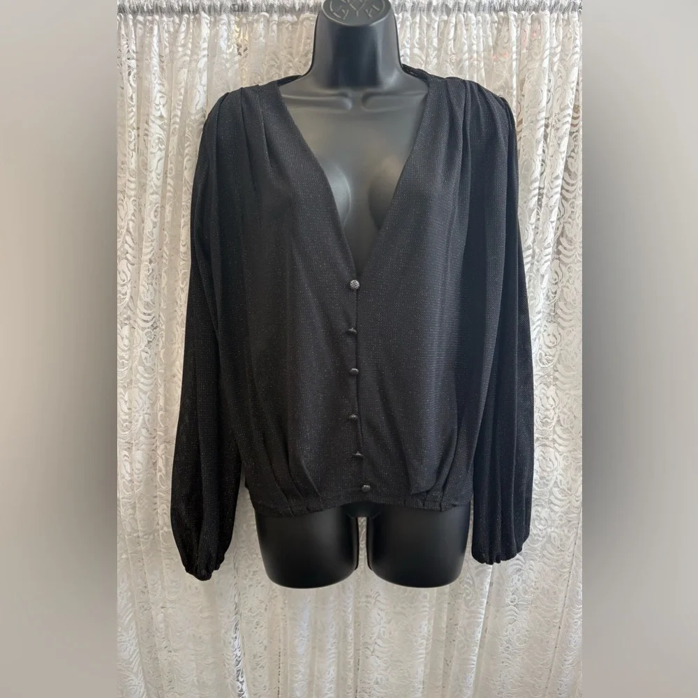 Black Sparkle V-Neck Button-Front Blouse - Picture 2 of 4